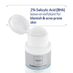 Obagi Medical CLENZIderm M.D. label close-up highlighting 2% salicylic acid for pore exfoliation benefit