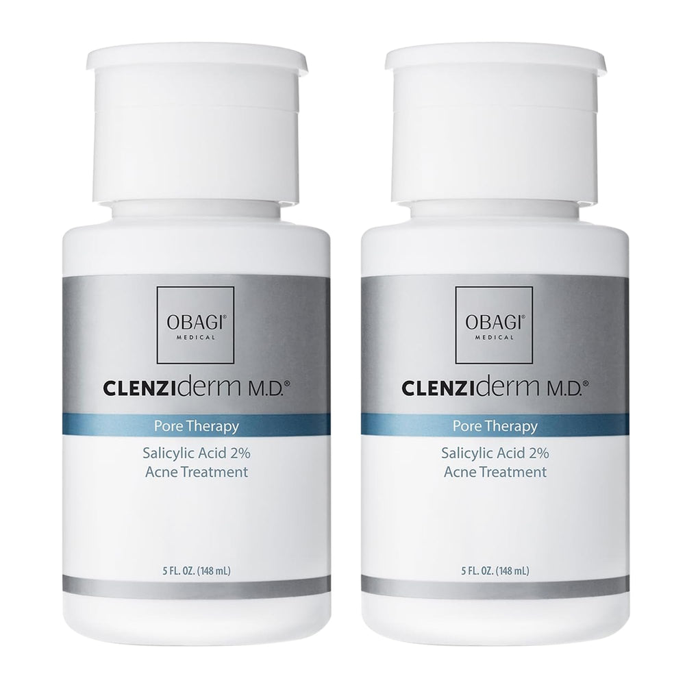 Obagi Medical CLENZIderm M.D. front packaging showing product and pack of two benefits quick identification