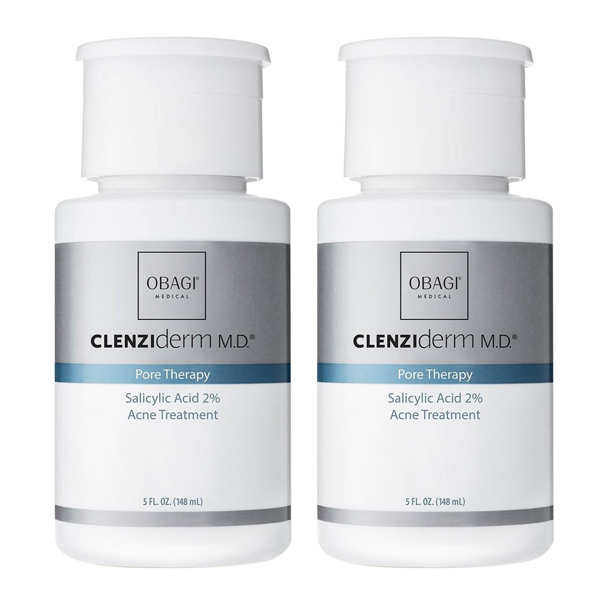 Obagi Medical CLENZIderm M.D. front packaging showing product and pack of two benefits quick identification