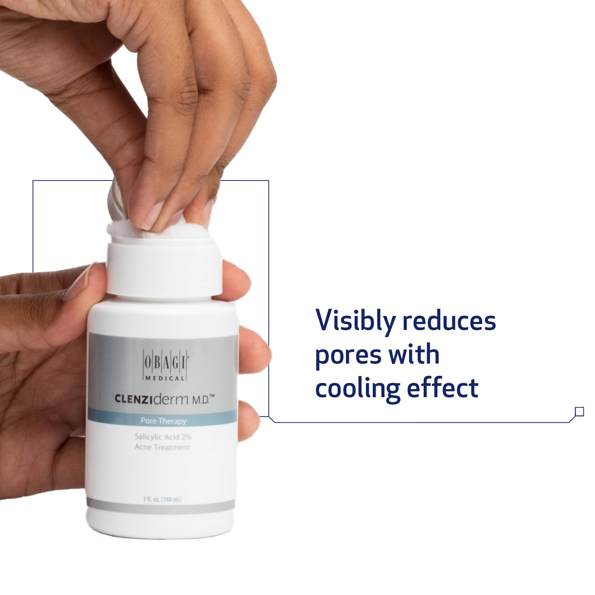 Obagi Medical CLENZIderm M.D. hand holding bottle to display size and user-friendly design benefit