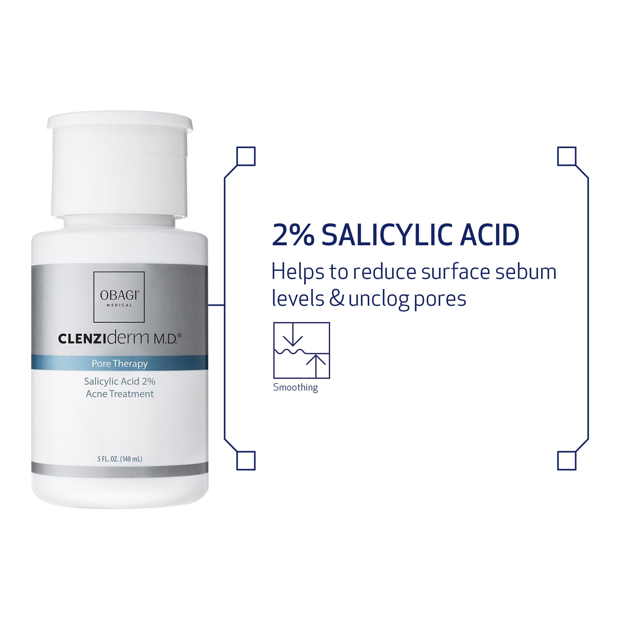 Obagi Medical CLENZIderm M.D. ingredient callout showing salicylic acid concentration and targeted action benefit