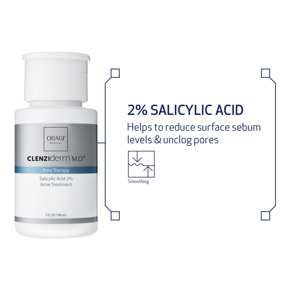 Obagi Medical CLENZIderm M.D. ingredient callout showing salicylic acid concentration and targeted action benefit