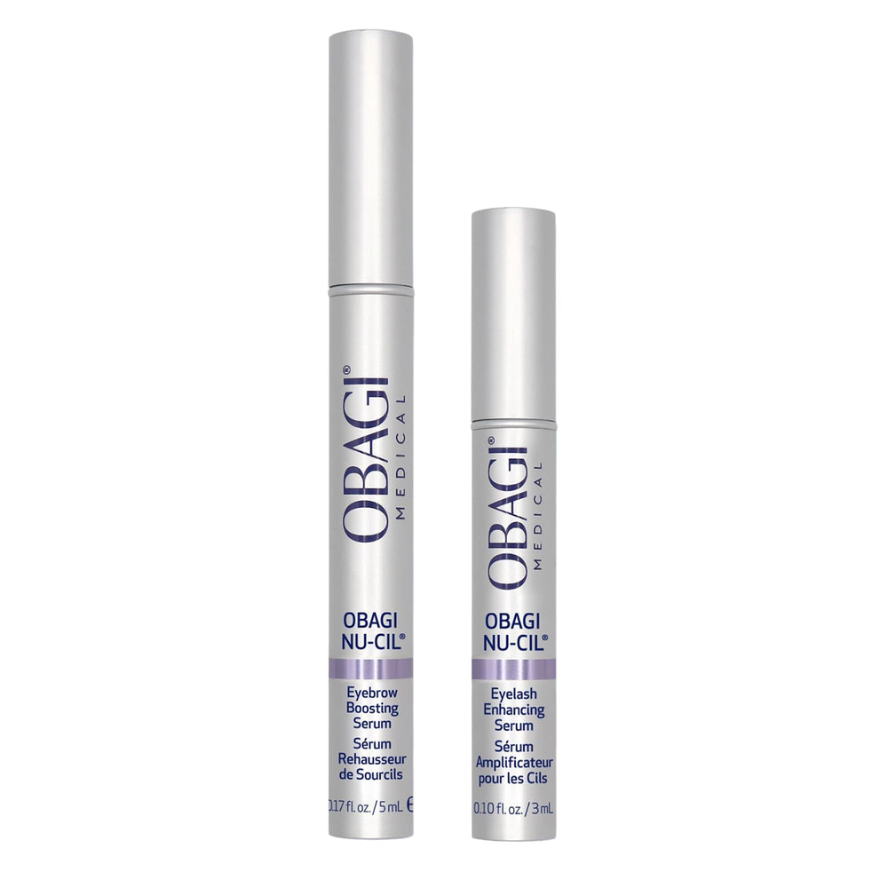 Obagi Nu-Cil front packaging showing dual serum set and clear benefit