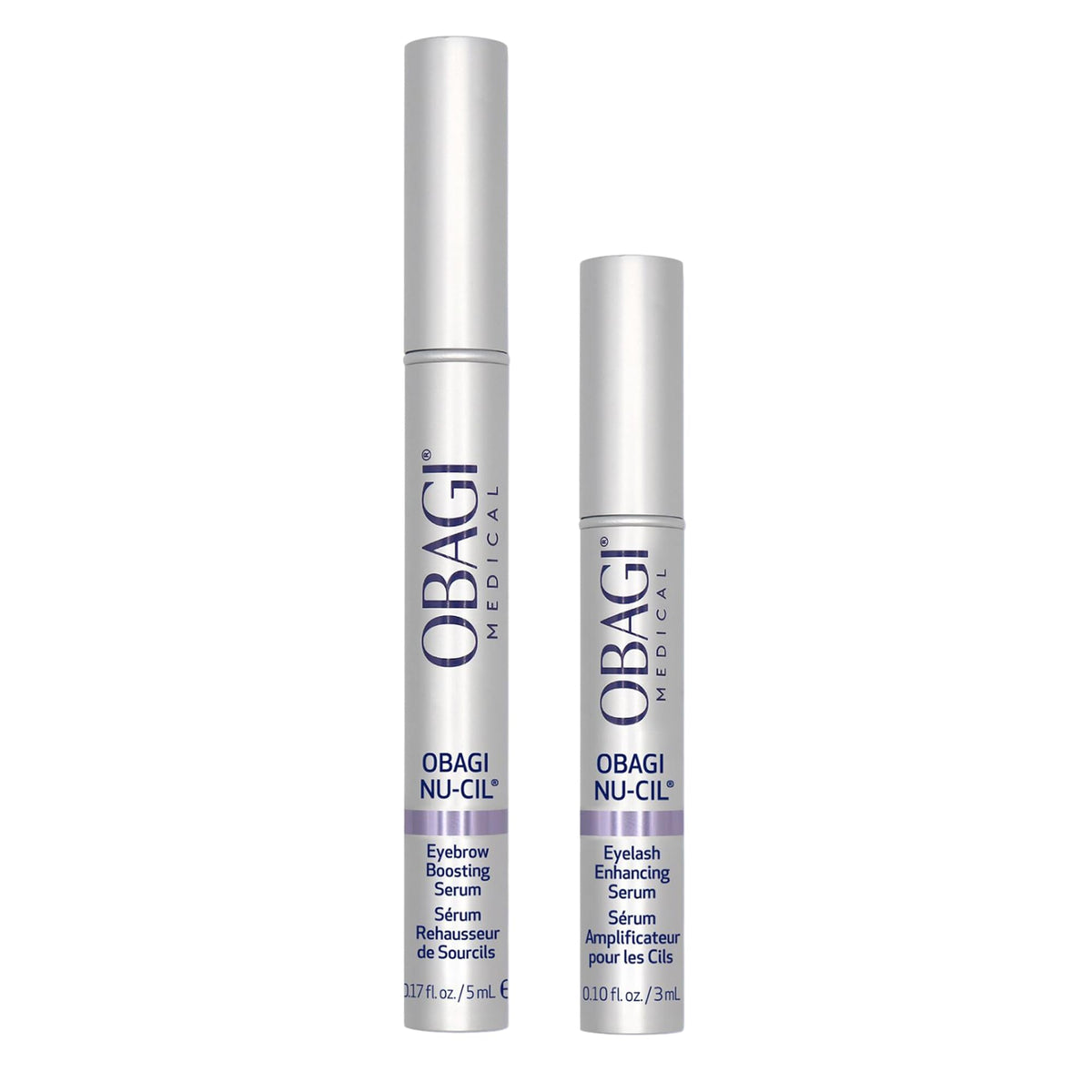 Obagi Nu-Cil front packaging showing dual serum set and clear benefit