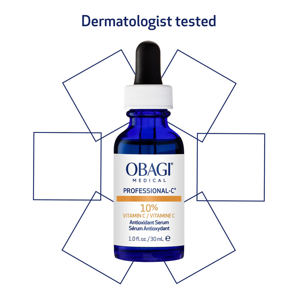Obagi serum on bathroom vanity implying daily routine convenience