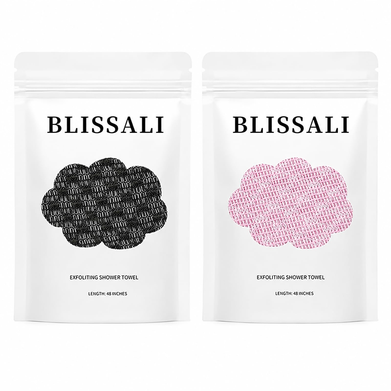 Obemary Blissal front view showing two 48-inch exfoliating towels and packaging benefit of full coverage