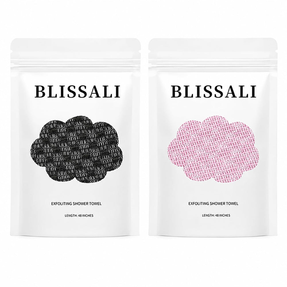 Obemary Blissal front view showing two 48-inch exfoliating towels and packaging benefit of full coverage