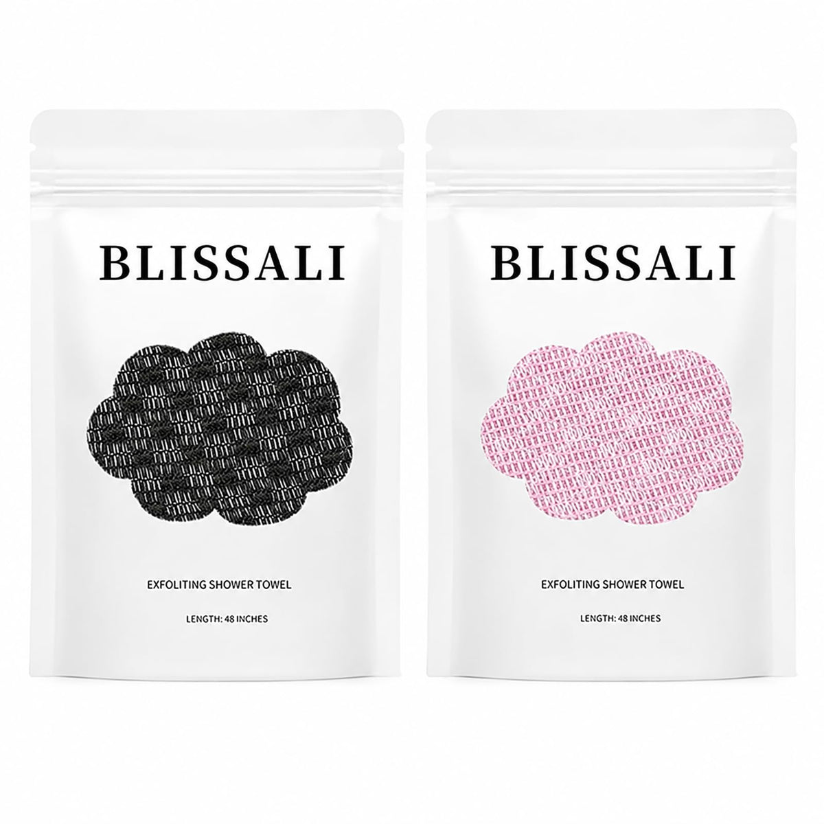 Obemary Blissal front view showing two 48-inch exfoliating towels and packaging benefit of full coverage