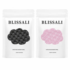 Obemary Blissal front view showing two 48-inch exfoliating towels and packaging benefit of full coverage