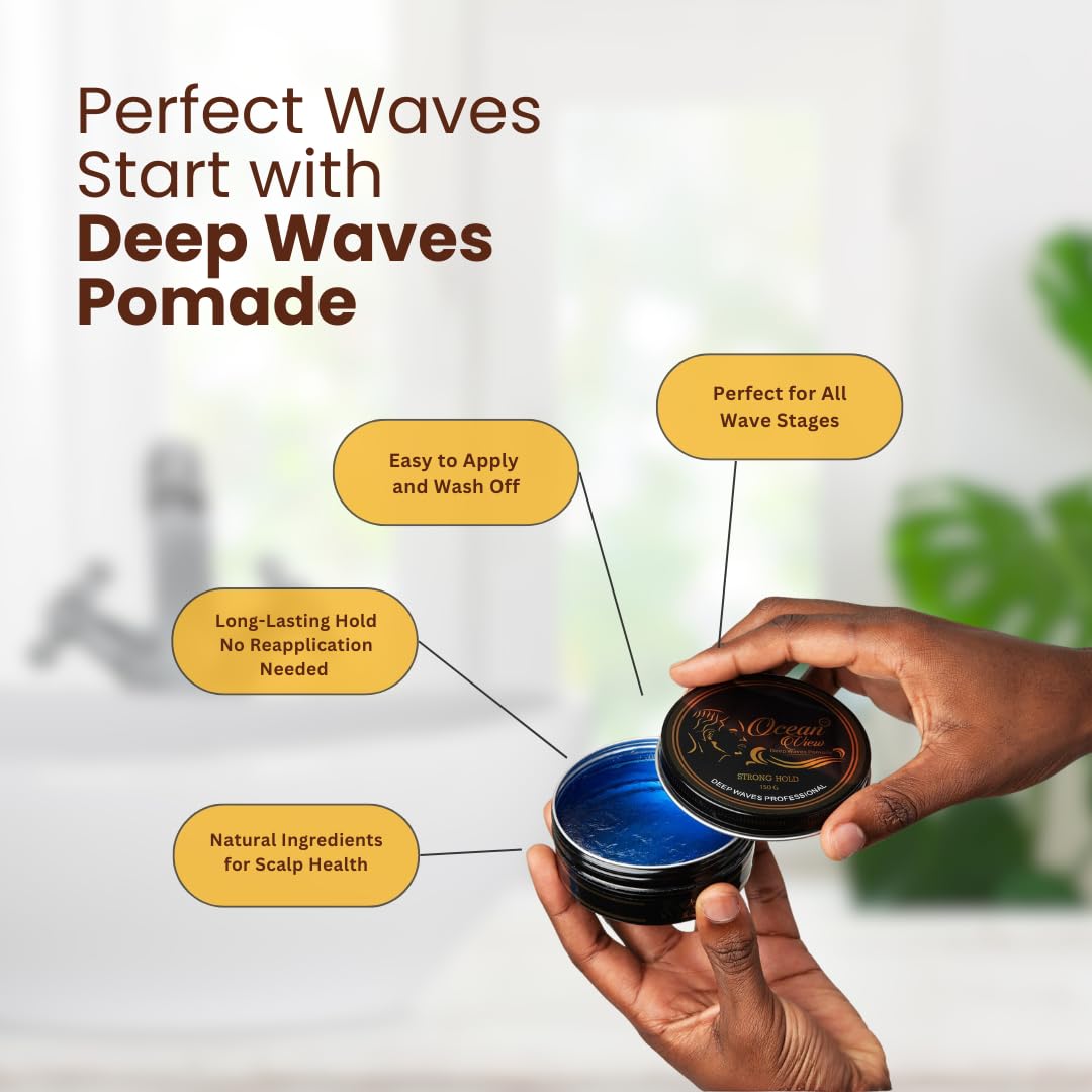 Ocean View Deep Waves Pomade displayed in barbershop setting for professional appeal