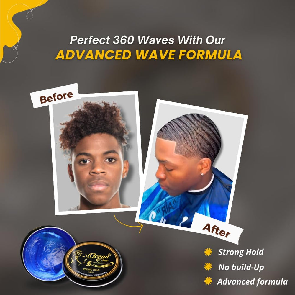 Hand holding 4oz Ocean View Deep Waves Pomade tin showing compact travel-friendly size