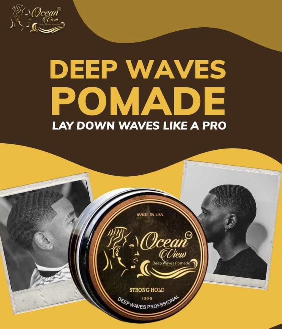 Side label close-up of Ocean View Deep Waves Pomade showing ingredients and benefits