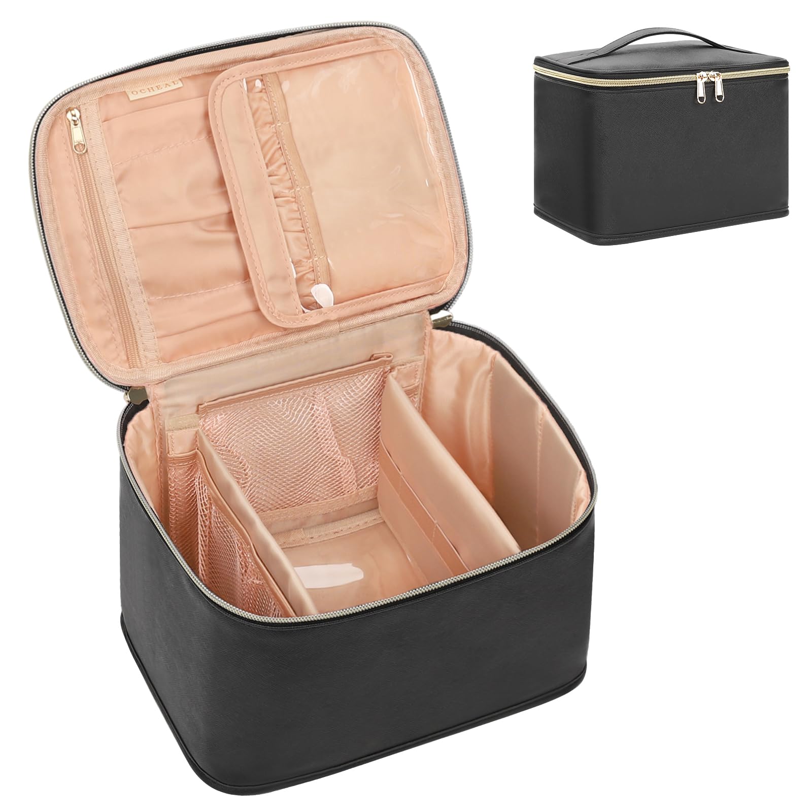 OCHEAL front view of large black makeup bag showing capacity and shape