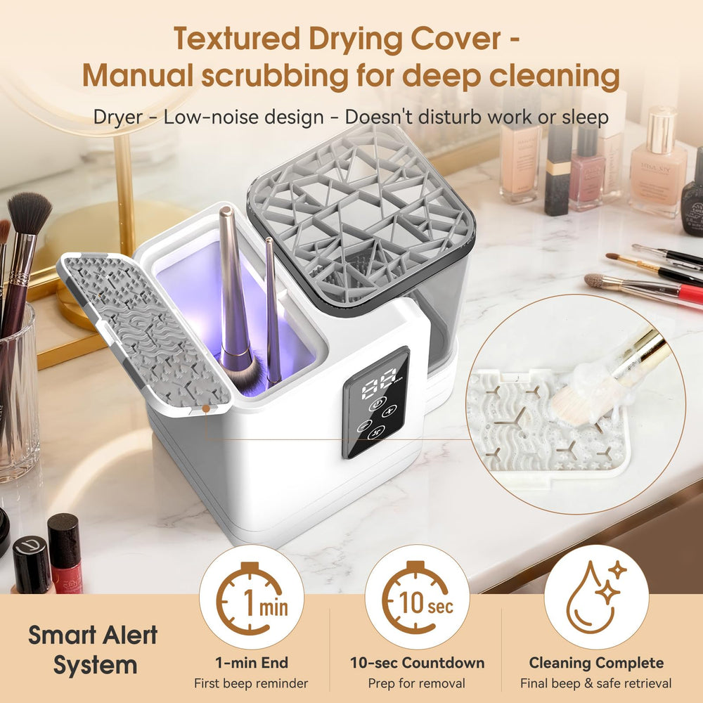 OctHope brush immersed in cup cleaning action that removes makeup buildup quickly