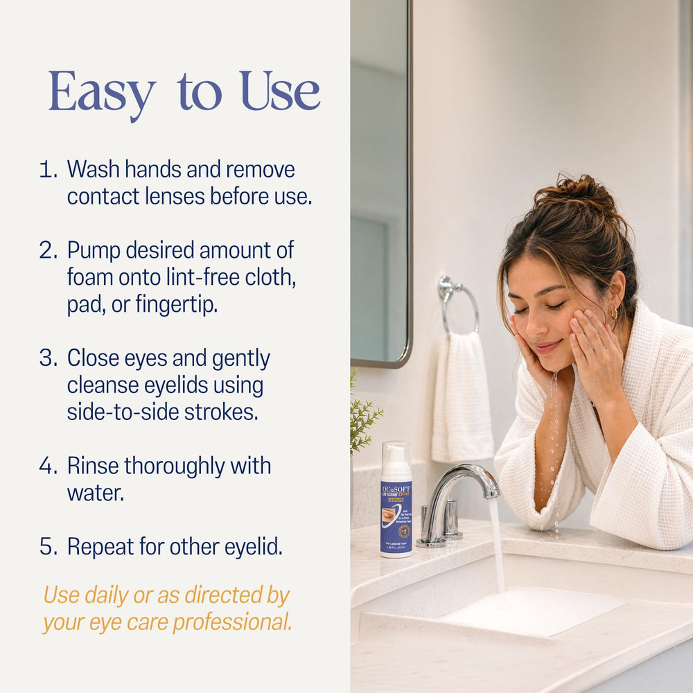 OCuSOFT bottle in shower being used, illustrating convenient in-shower eyelid cleaning