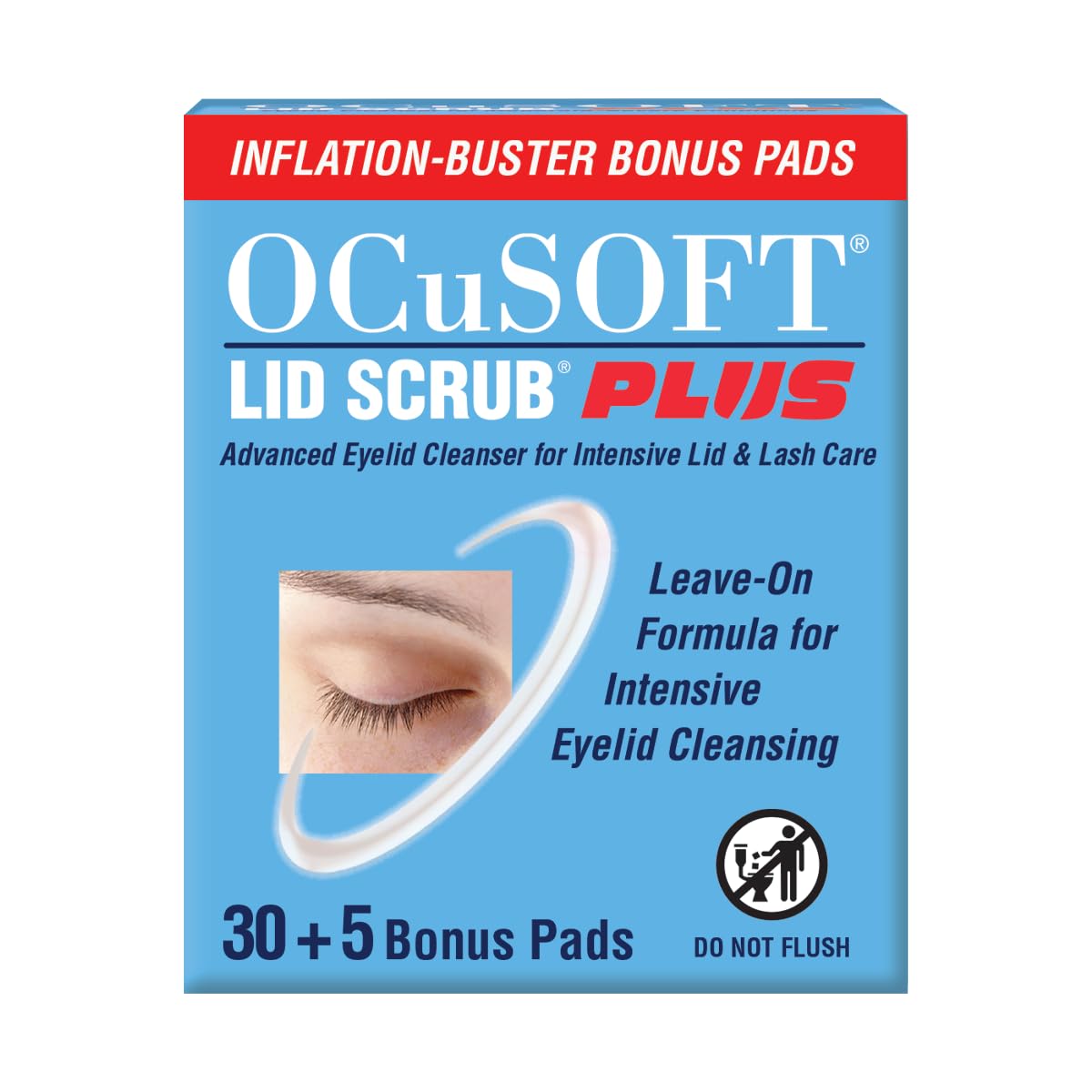 OCuSOFT front packaging of Lid Scrub PLUS showing 30+5 count and benefit for eyelid cleanliness
