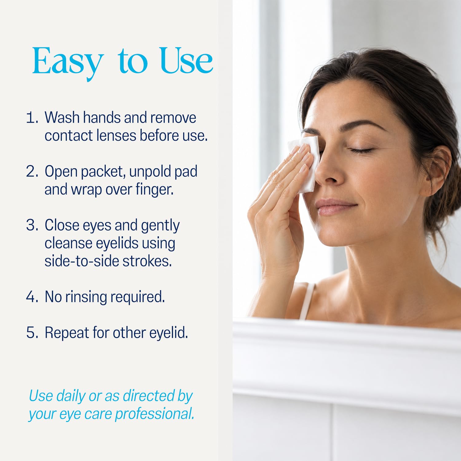 OCuSOFT pad being gently wiped along eyelid lash line showing safe, comfortable cleaning