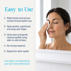 OCuSOFT pad being gently wiped along eyelid lash line showing safe, comfortable cleaning
