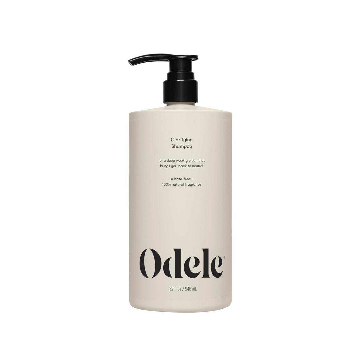 Odele clarifying shampoo front bottle showing full 32 fl oz and label benefit