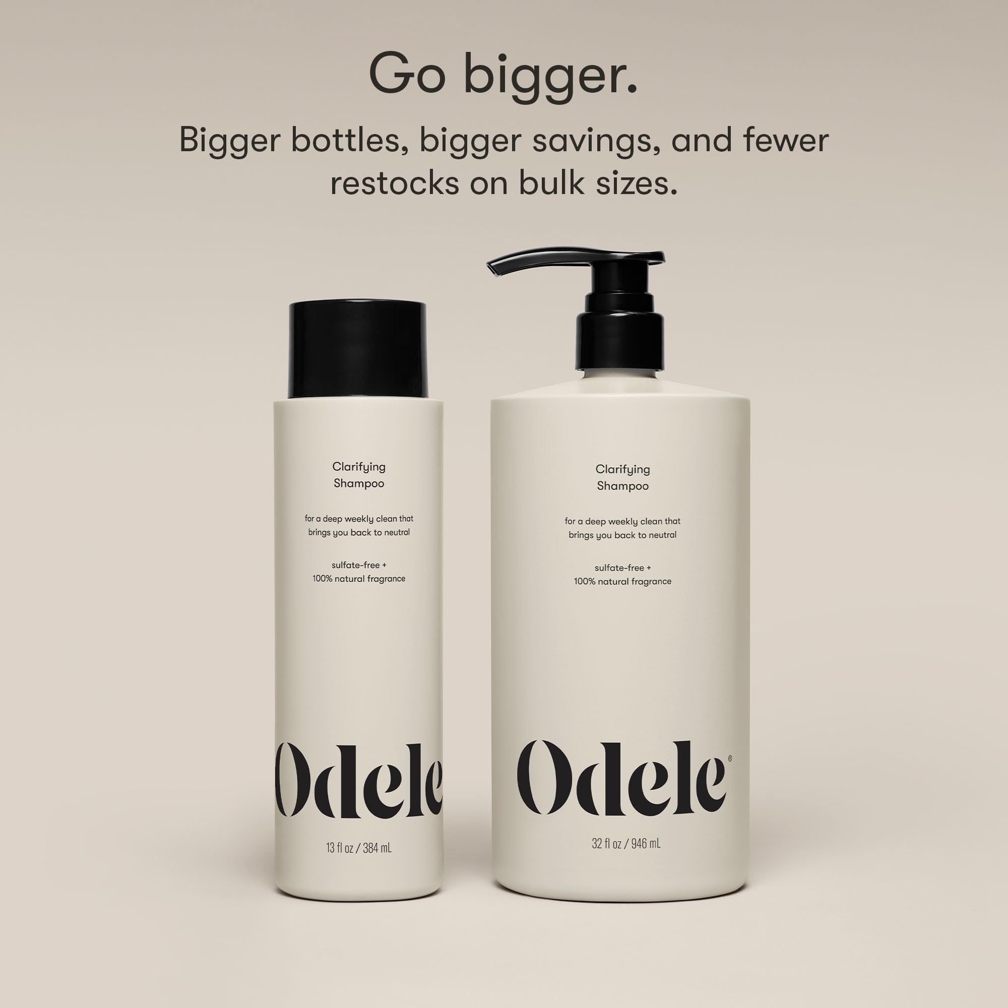 Odele clarifying shampoo on bathroom shelf showing clean storage and accessibility