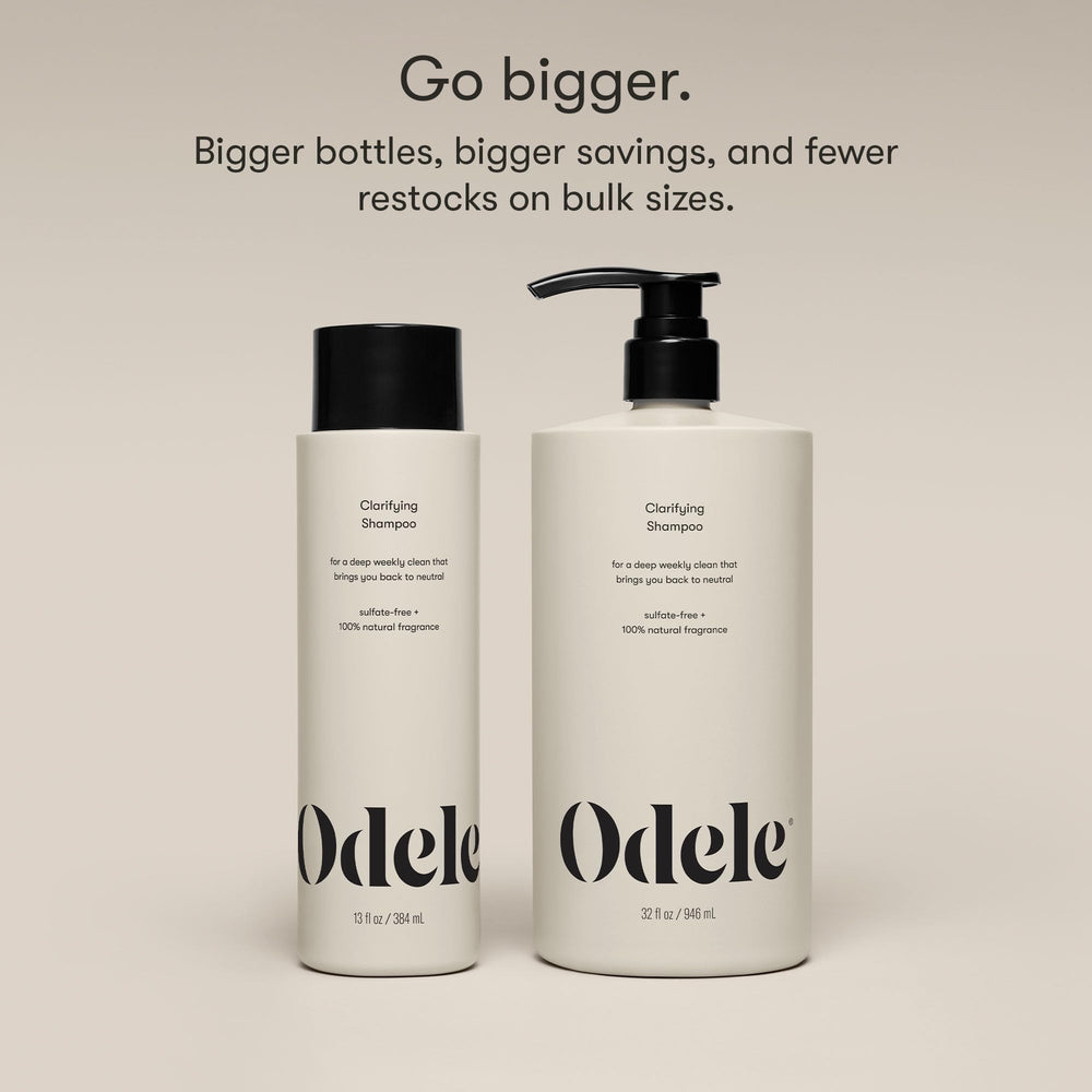 Odele clarifying shampoo on bathroom shelf showing clean storage and accessibility