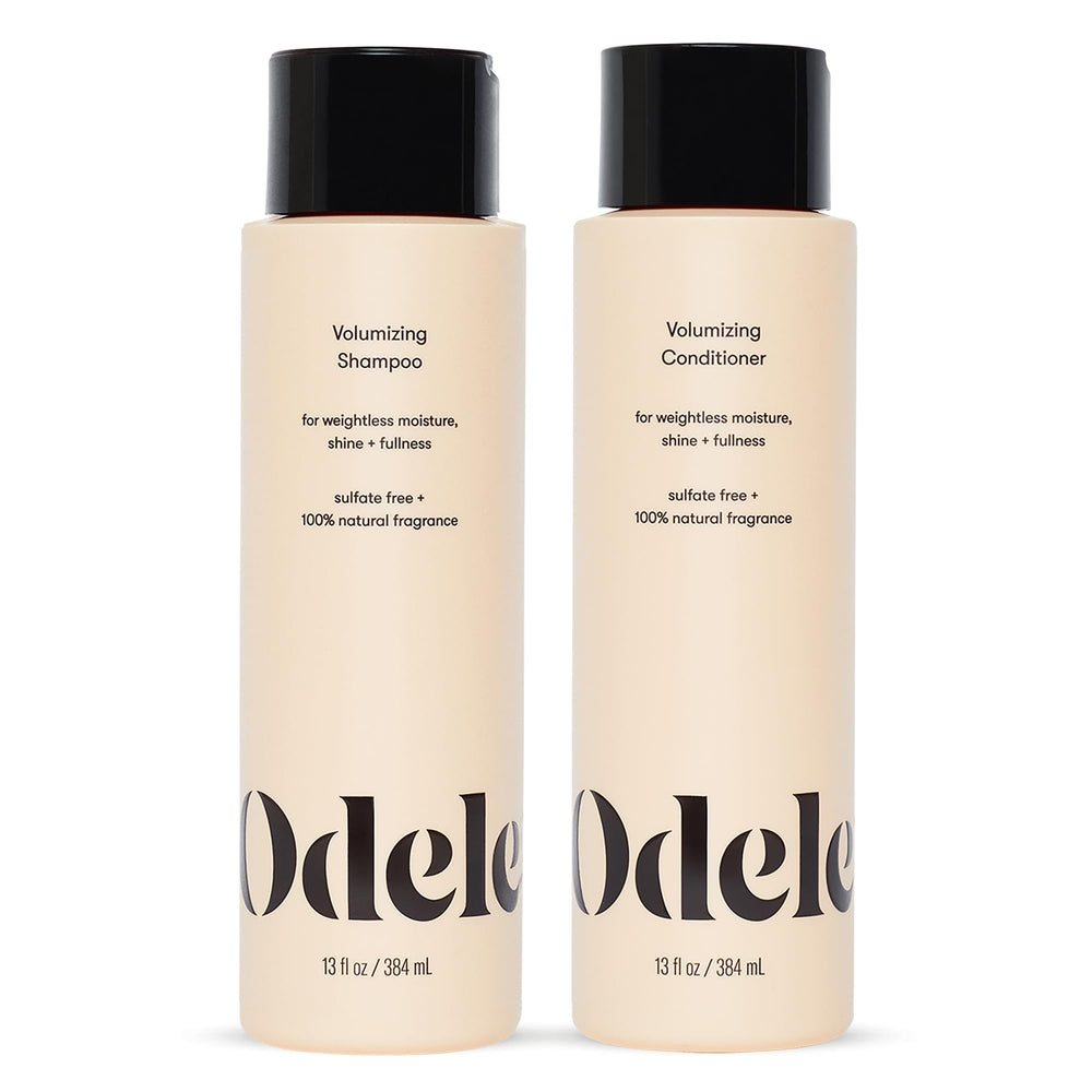 Odele volumizing set front view showing compact 13 fl oz bottles and benefits