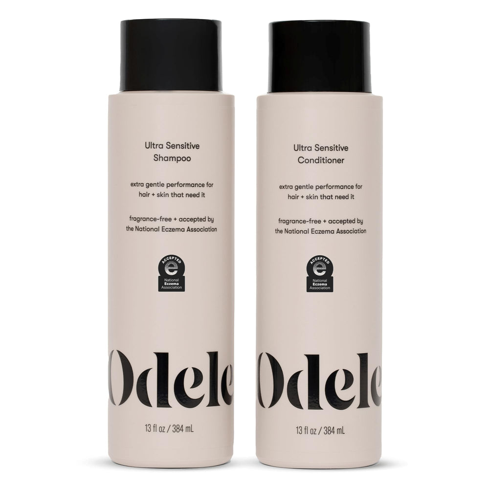 Odele front packaging showing shampoo and conditioner, gentle cleansing visible