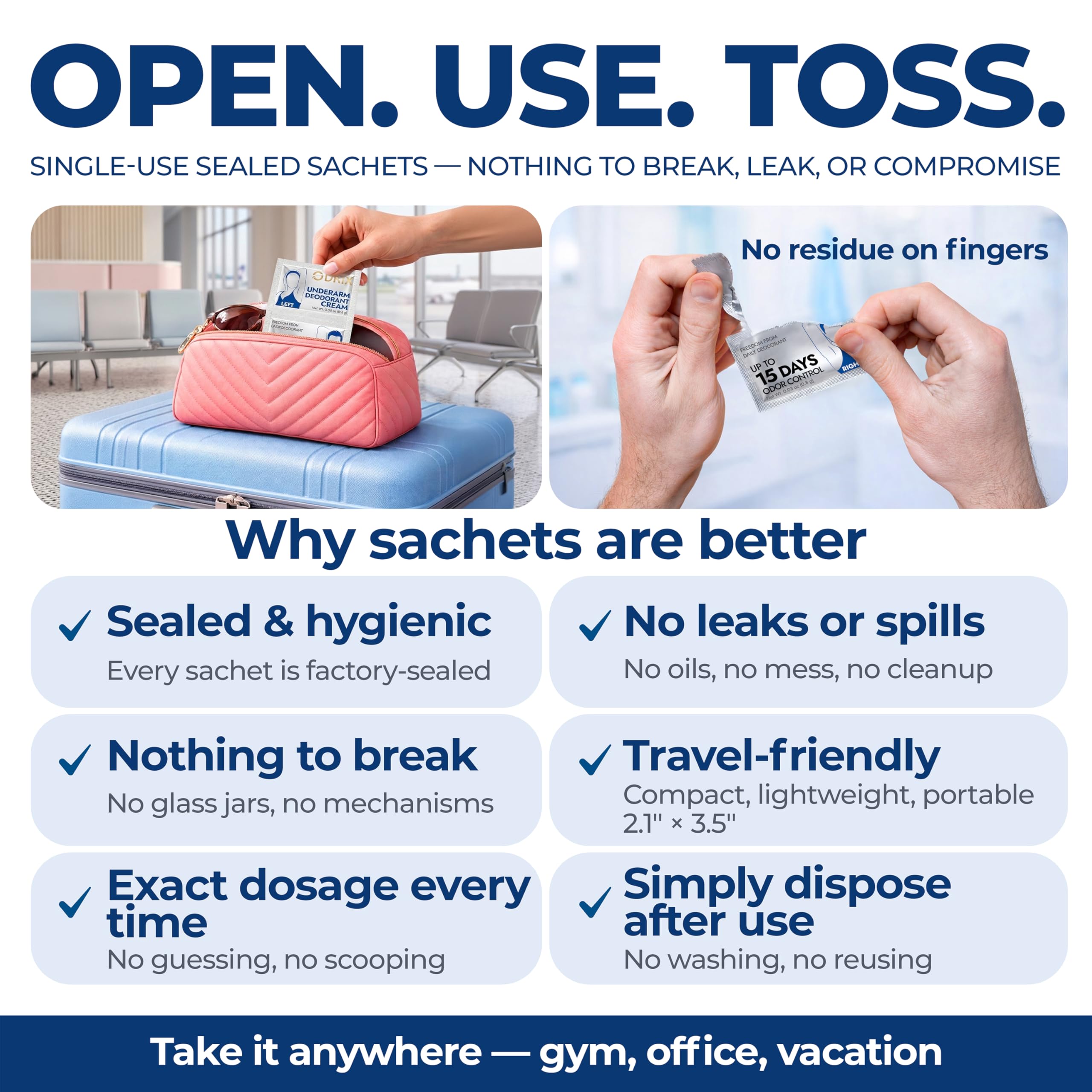 Hand holding Odrix sachet to show size and convenient single-use benefit