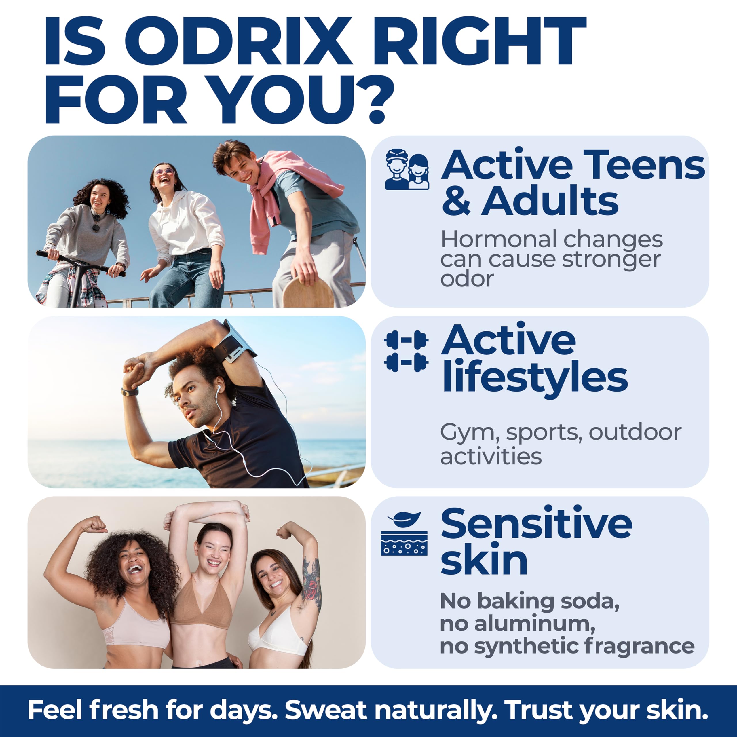 Unisex lifestyle image using Odrix outdoors for natural odor protection