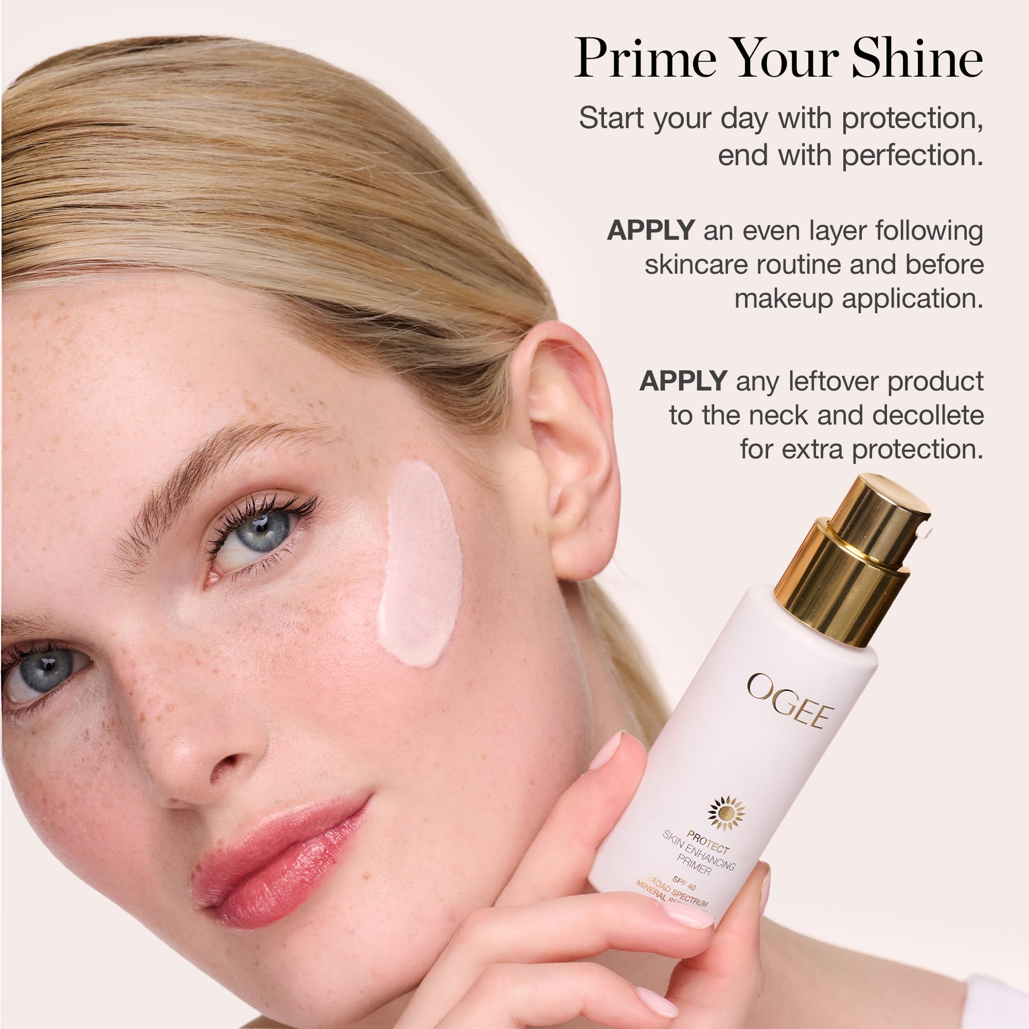 Ogee PROTECT styled with makeup kit showing primer prepping skin for makeup