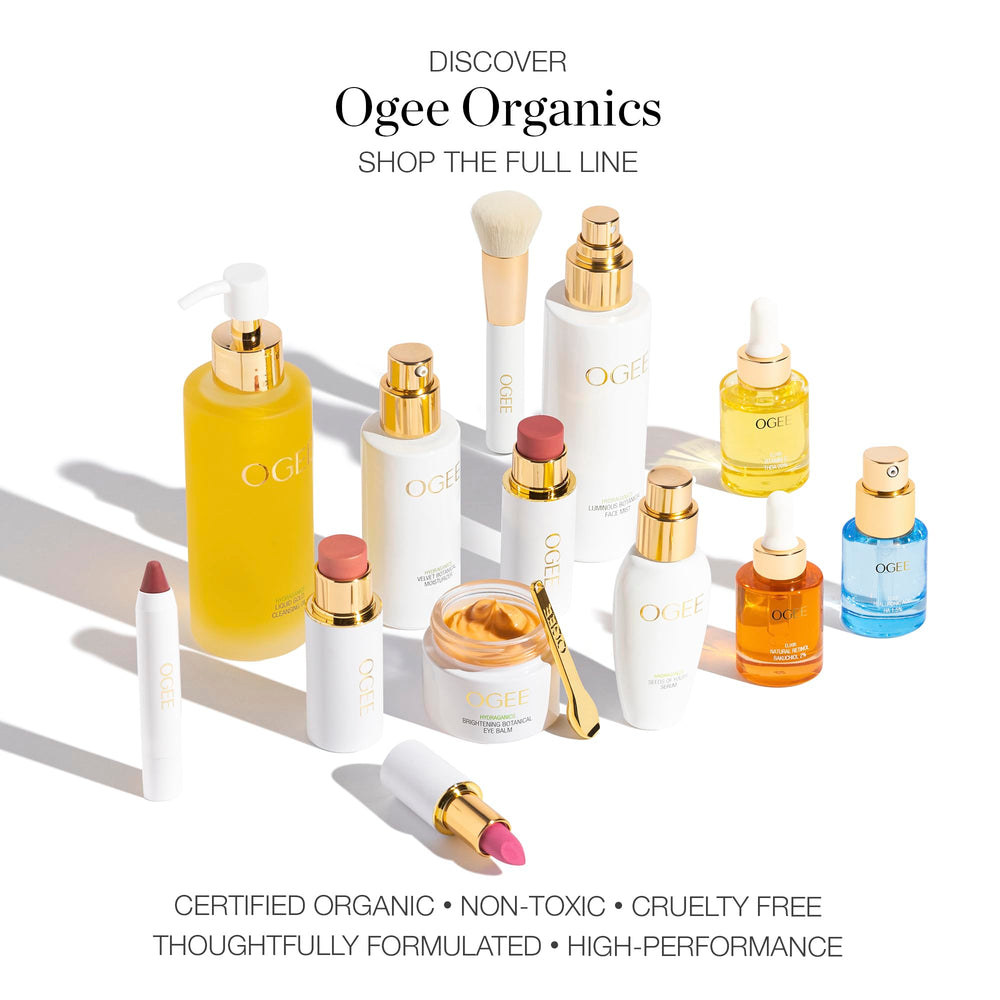 Ogee ROSALIA label closeup showing ingredients list and clean-beauty claims