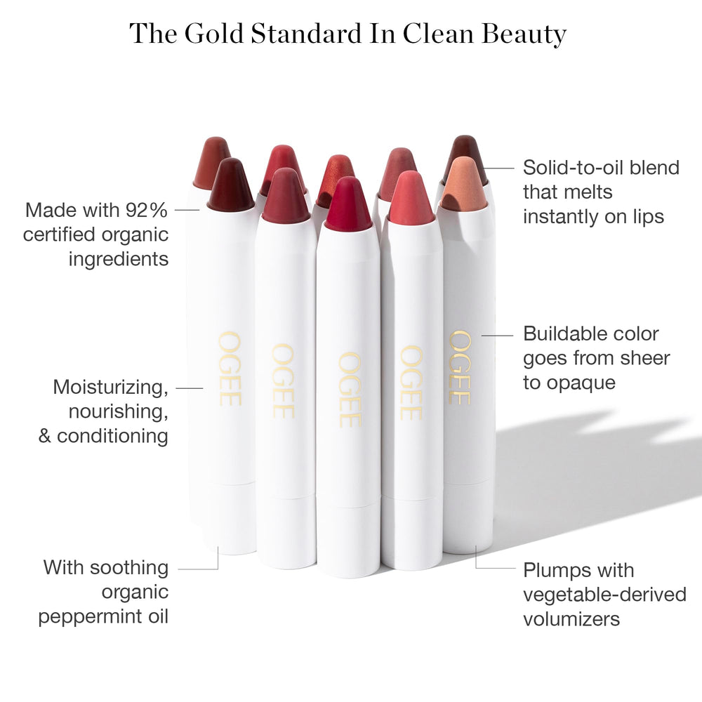 Ogee ROSALIA on lips true swatch demonstrating subtle dusty-rose tint and hydrated look