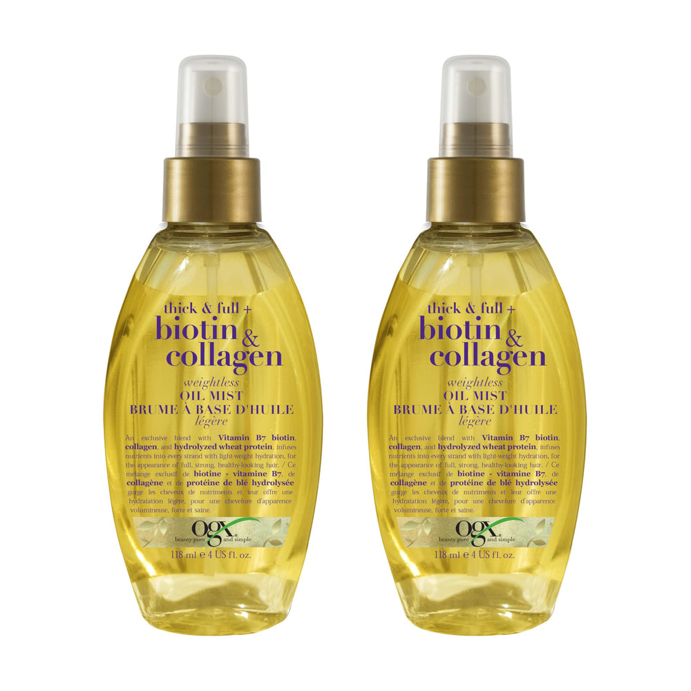 OGX thick & full front packaging showing two 4 fl oz bottles and brand benefits