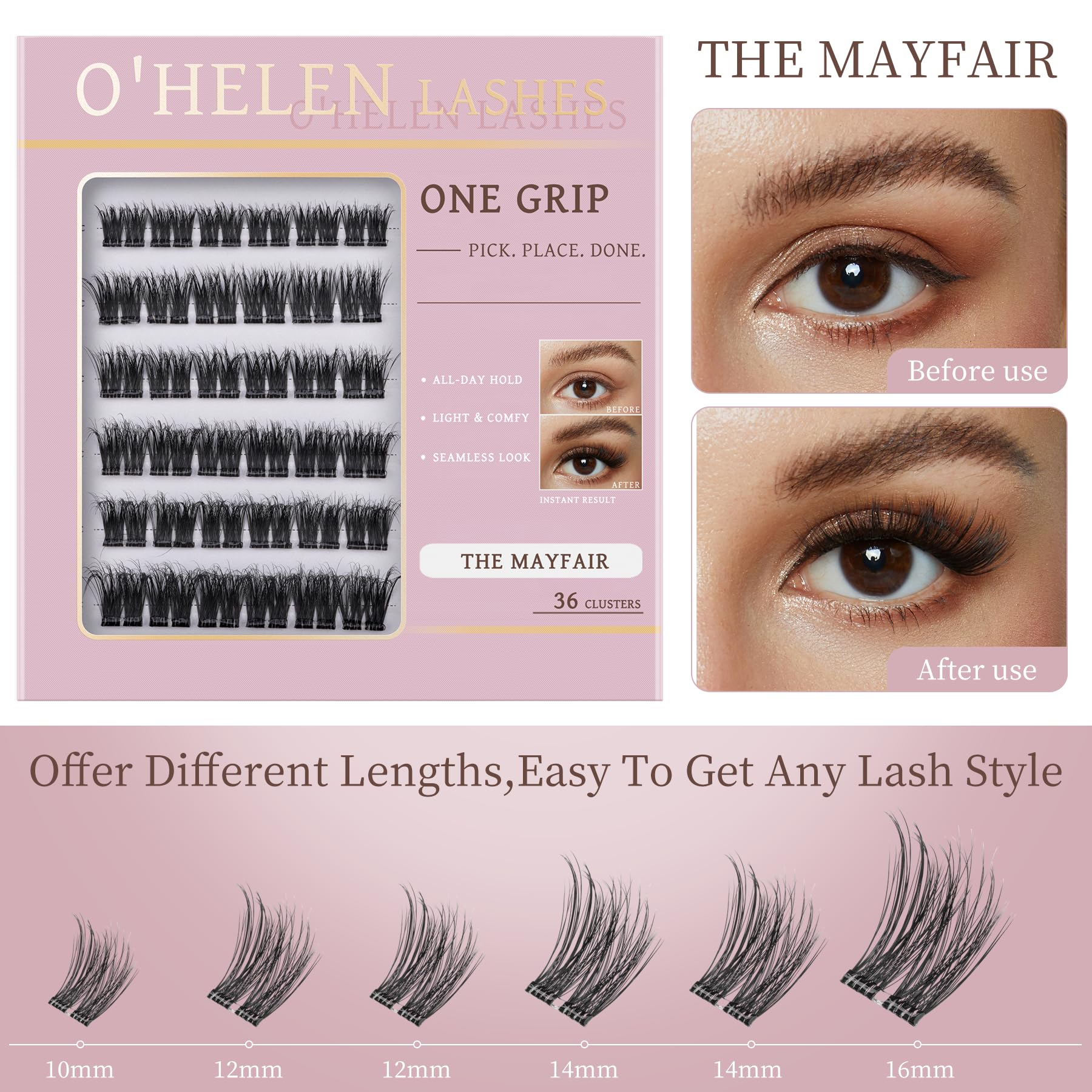O'HELEN open tray displaying 72 mixed-length self-adhesive lash clusters