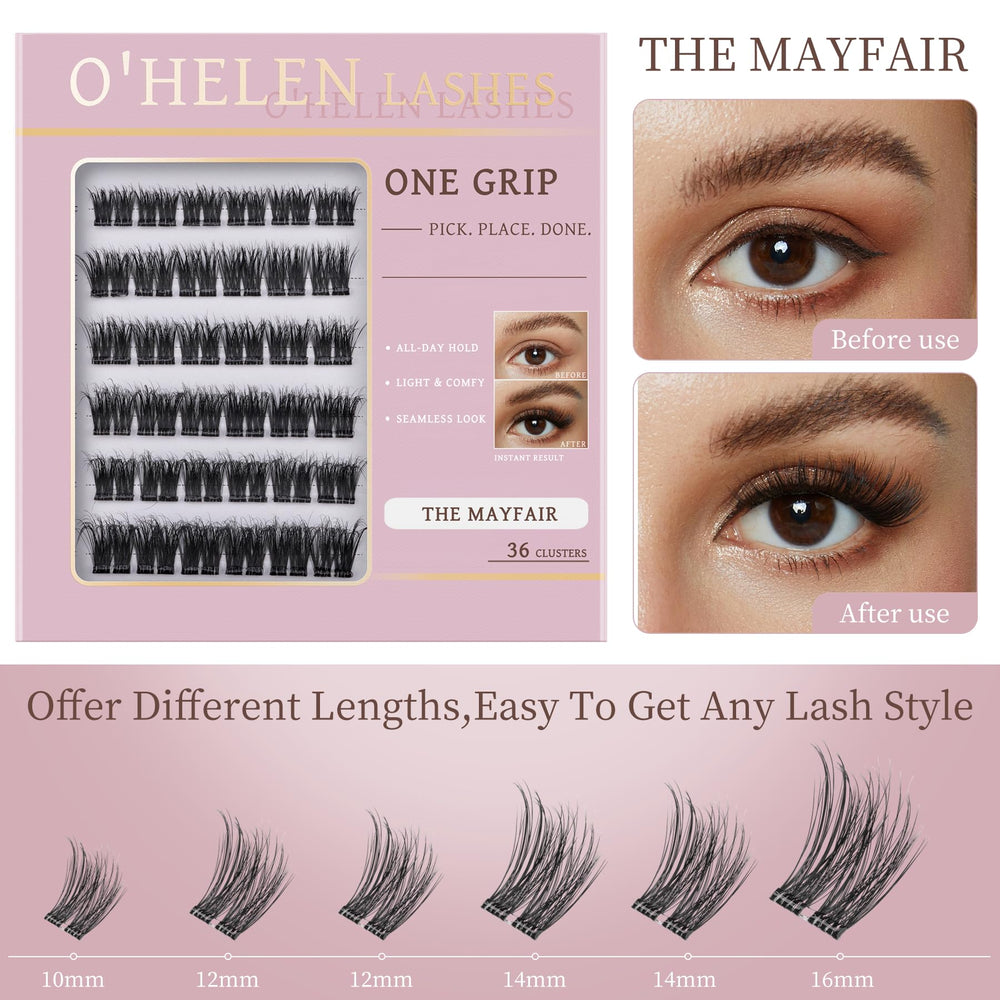 O'HELEN open tray displaying 72 mixed-length self-adhesive lash clusters