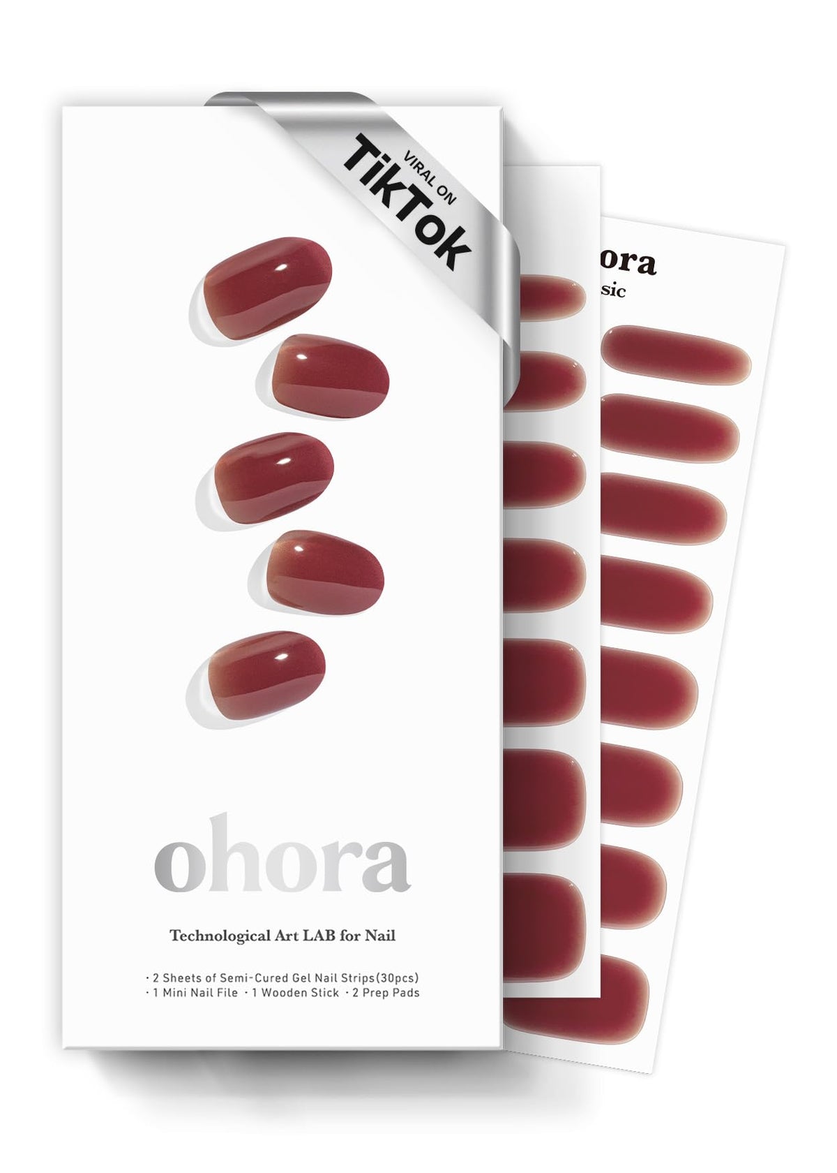 ohora front packaging showing N Wine Veil red strips and included tools for easy application