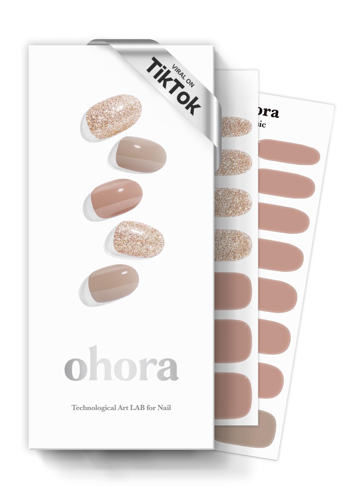 ohora front packaging showing N Carmel nude glitter and included tools
