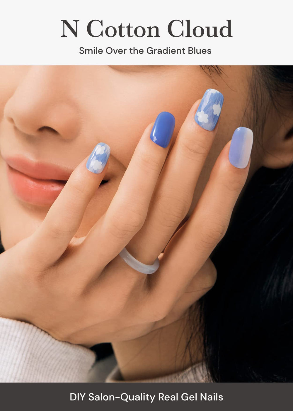 ohora gel strips laid out displaying patterned and solid blues for quick selection
