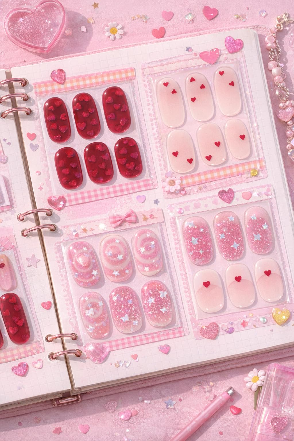 ohora layout of glitter accents and solid strips for varied nail designs