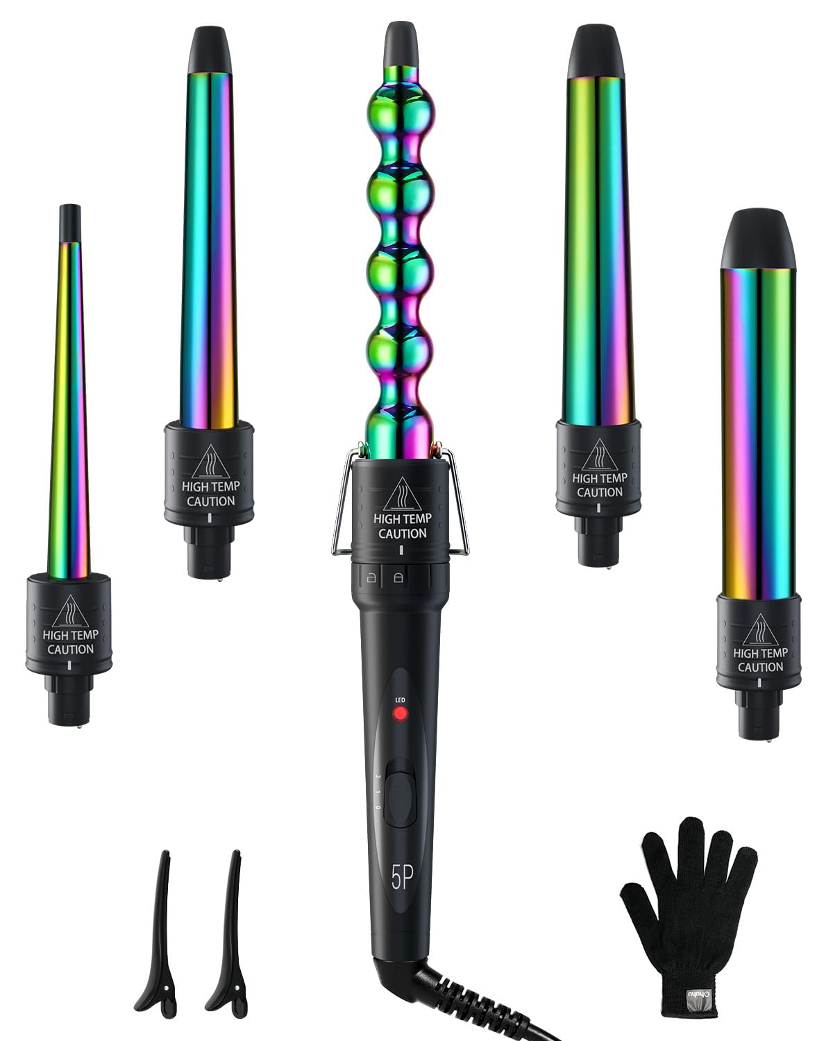 Ohuhu curling wand front view showing five-barrel kit and handle for versatile styling