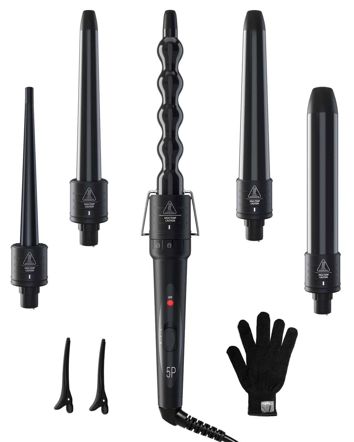 Ohuhu front packaging showing the 5-in-1 curling wand set and benefits