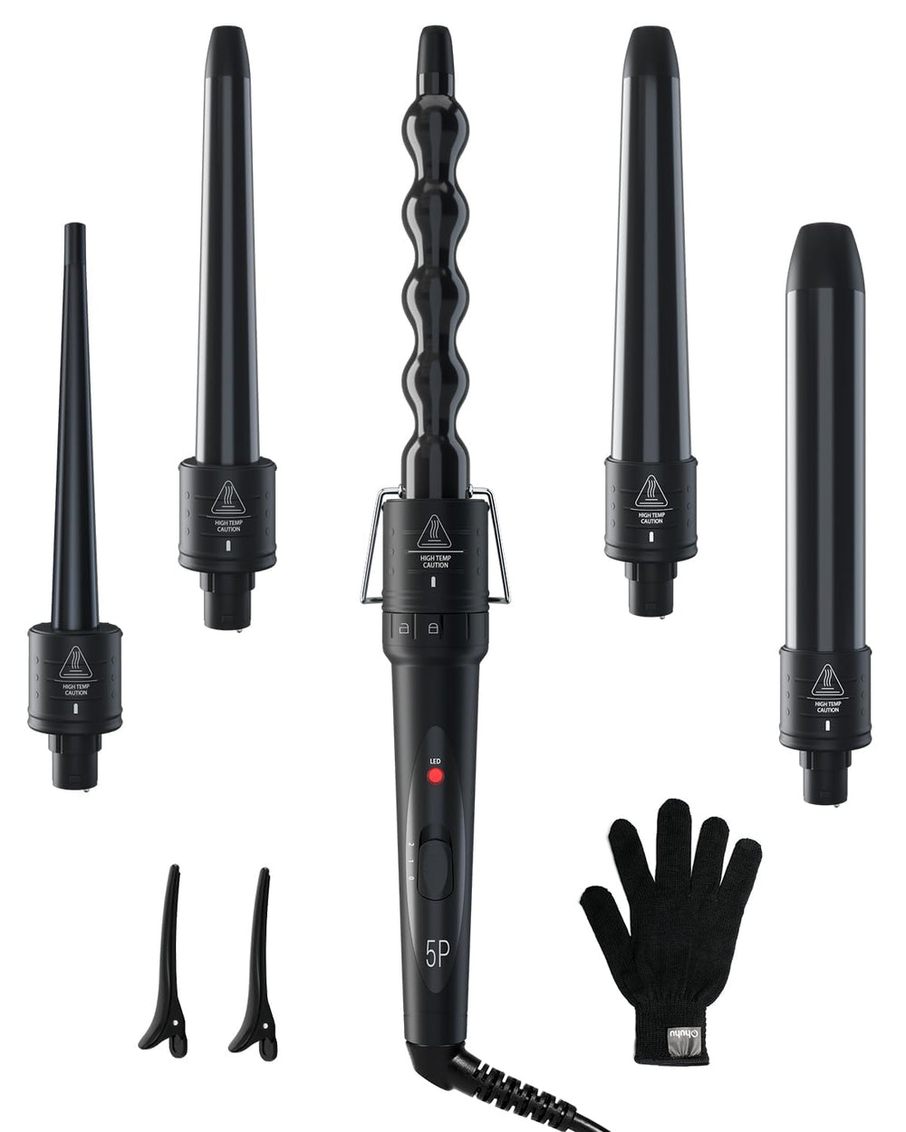 Ohuhu front packaging showing the 5-in-1 curling wand set and benefits