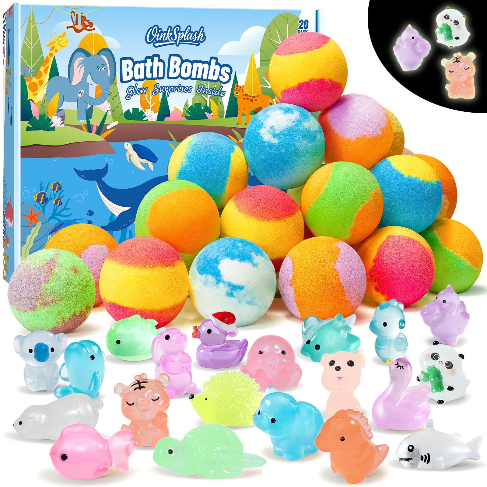 OinkSplash front packaging showing 20 colorful bath bombs and gift-ready box