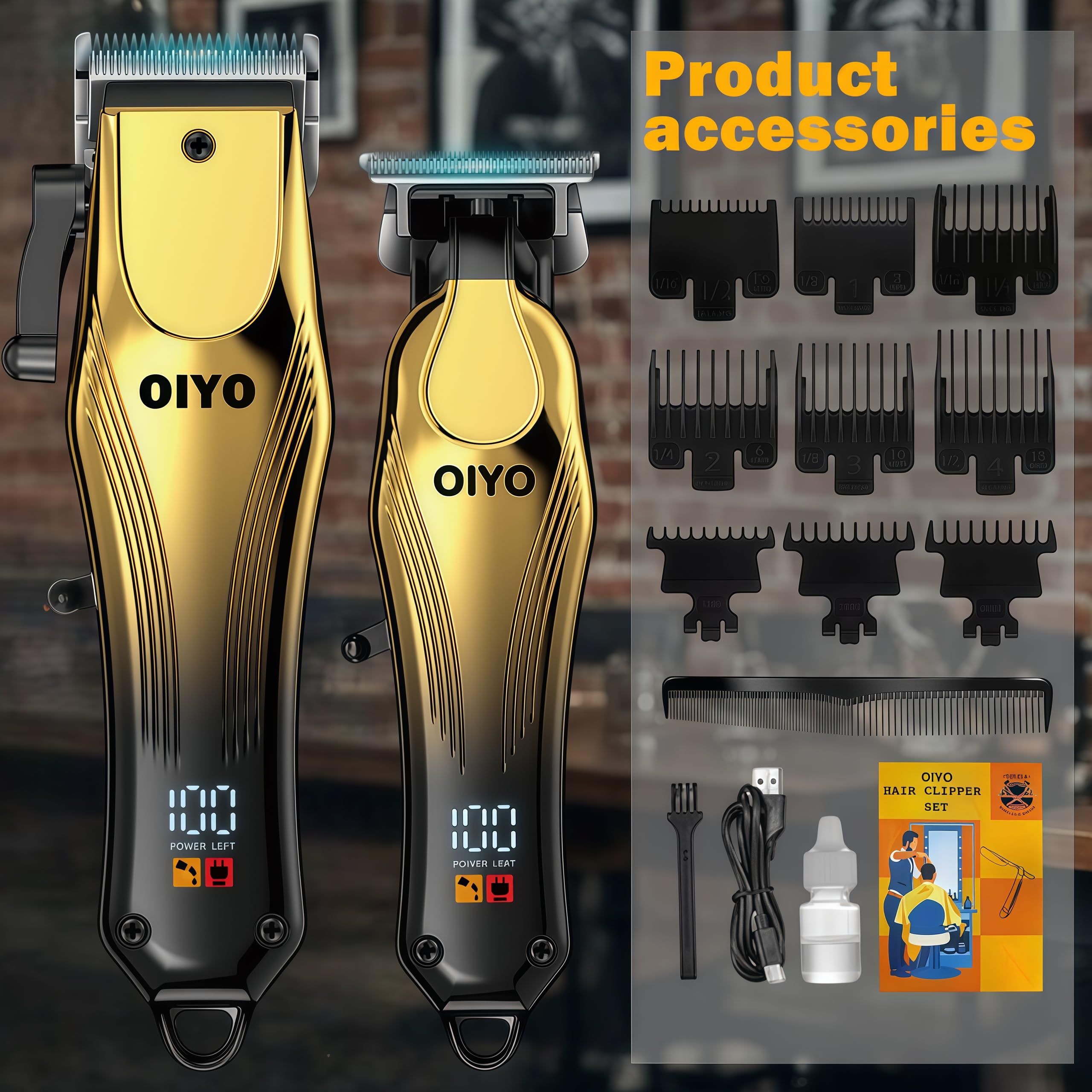 OIYO accessories kit laid out showing combs, oil, brush, and charging cord