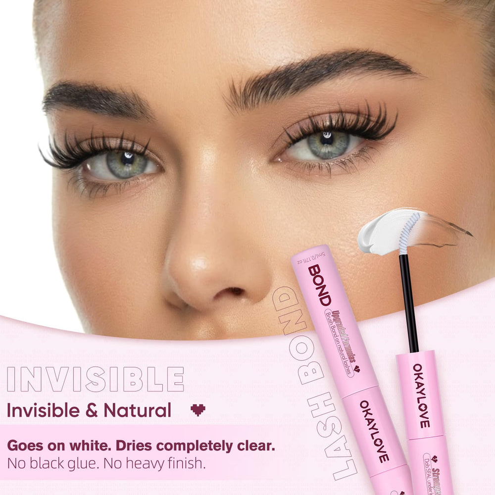 OKAYLOVE clear seal smoothing across lashes, locks clusters waterproofly