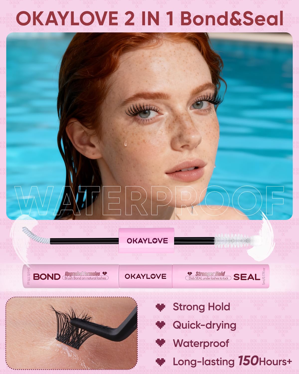 OKAYLOVE layout of tweezers, bond & seal bottle, and spiral brush for easy application