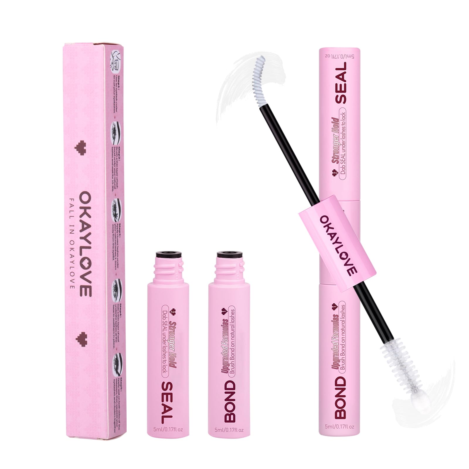 OKAYLOVE front packaging showing dual-ended lash glue, clear benefits for neat storage