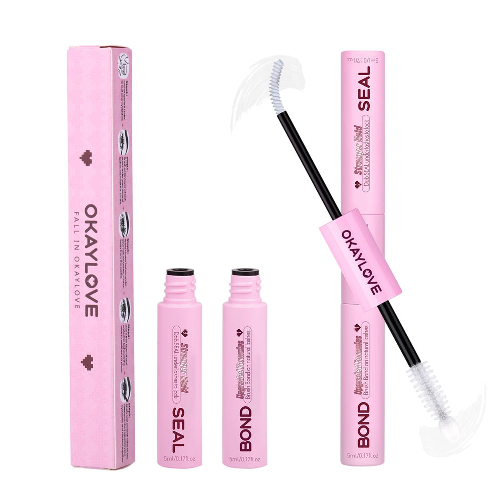 OKAYLOVE front packaging showing dual-ended lash glue, clear benefits for neat storage