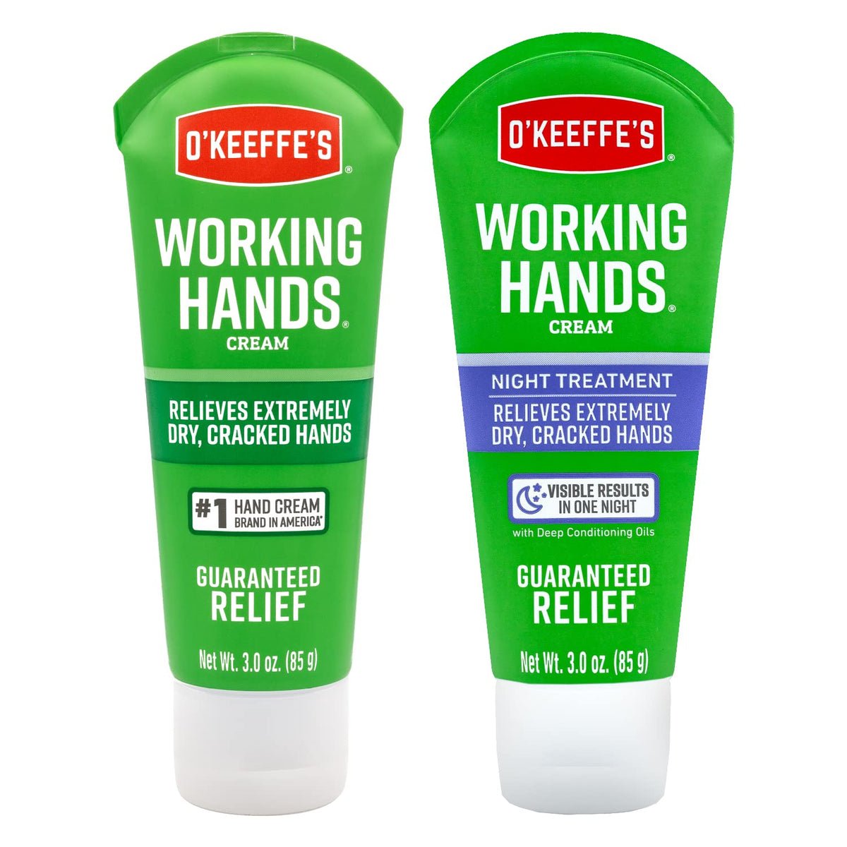 O'Keeffe's front packaging showing two 3 oz tubes and clear labels