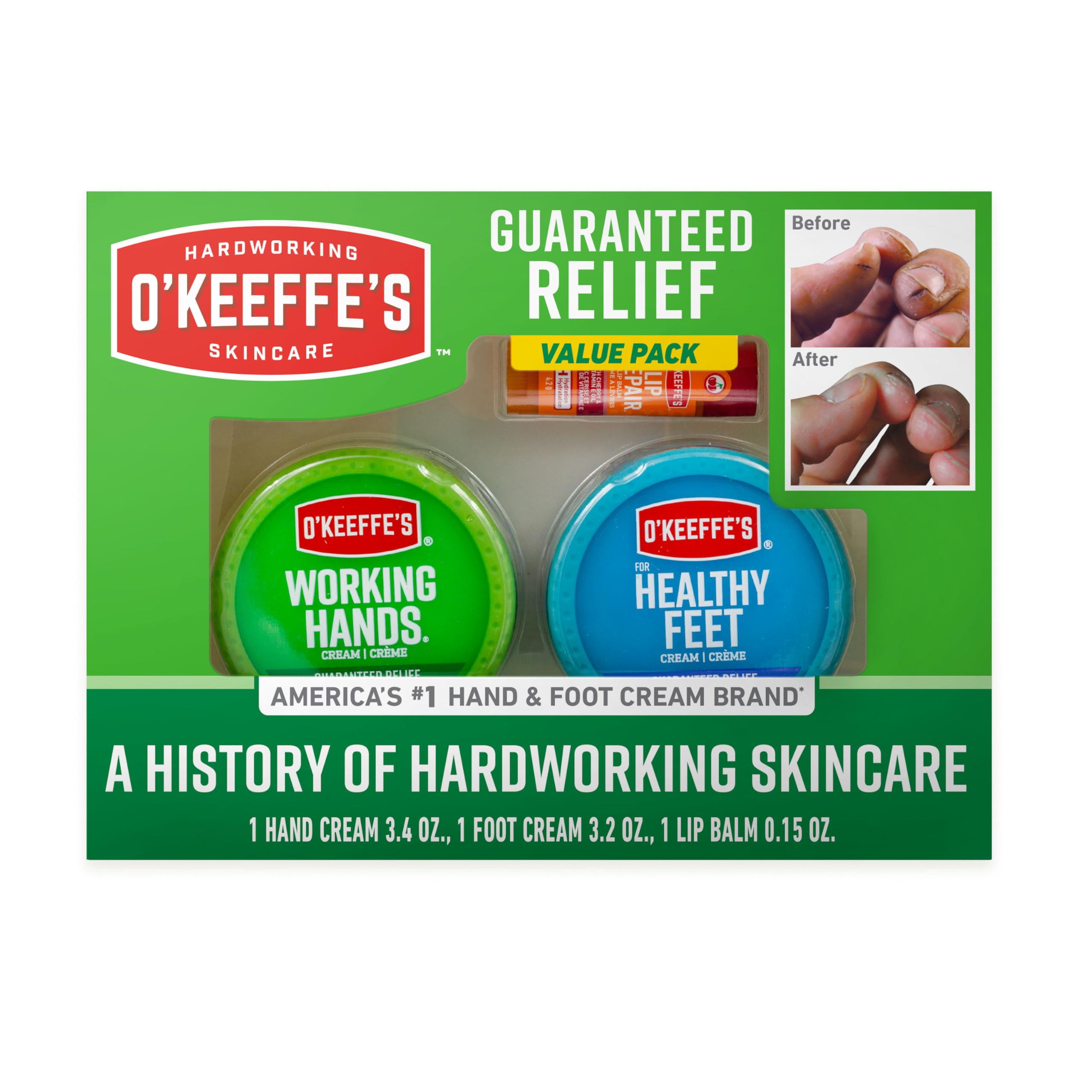 O'Keeffe's giftbox front packaging showing trio and clear benefits